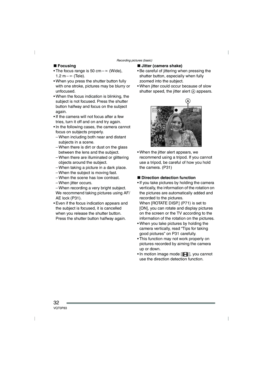 Panasonic DMC-LZ2GN, DMC-LZ1GN operating instructions Focusing, Jitter camera shake, Direction detection function 