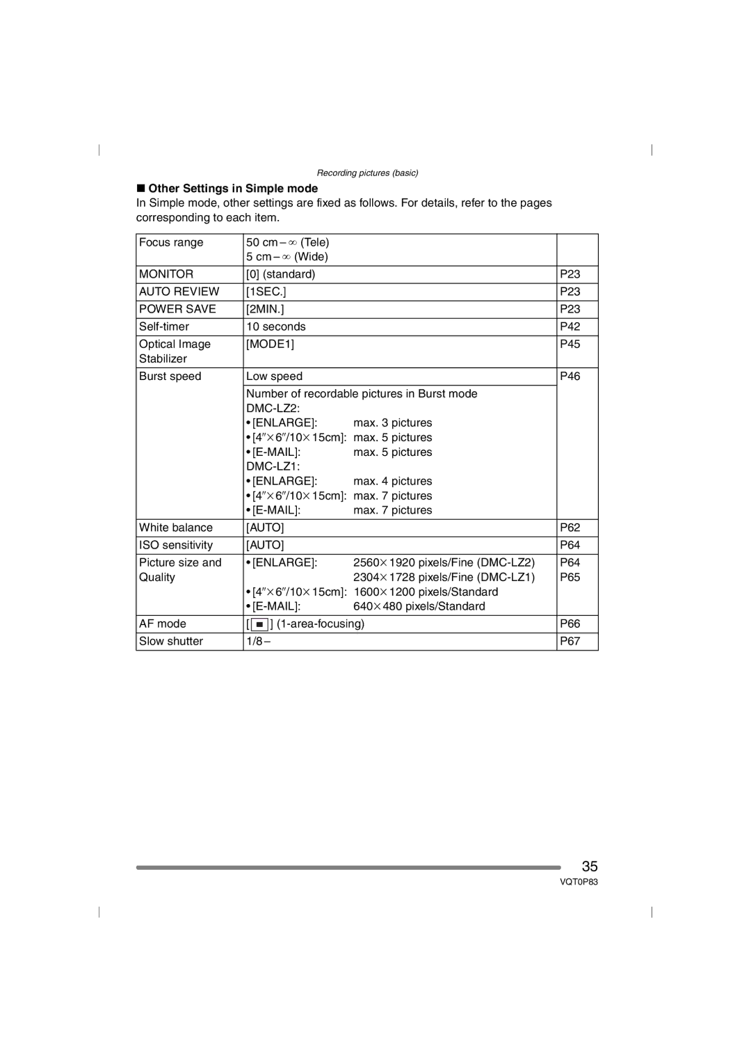 Panasonic DMC-LZ1GN, DMC-LZ2GN operating instructions Other Settings in Simple mode 