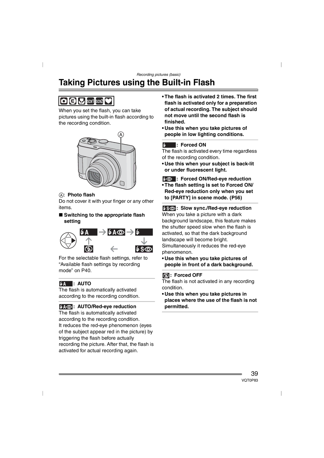 Panasonic DMC-LZ1GN, DMC-LZ2GN operating instructions Taking Pictures using the Built-in Flash 