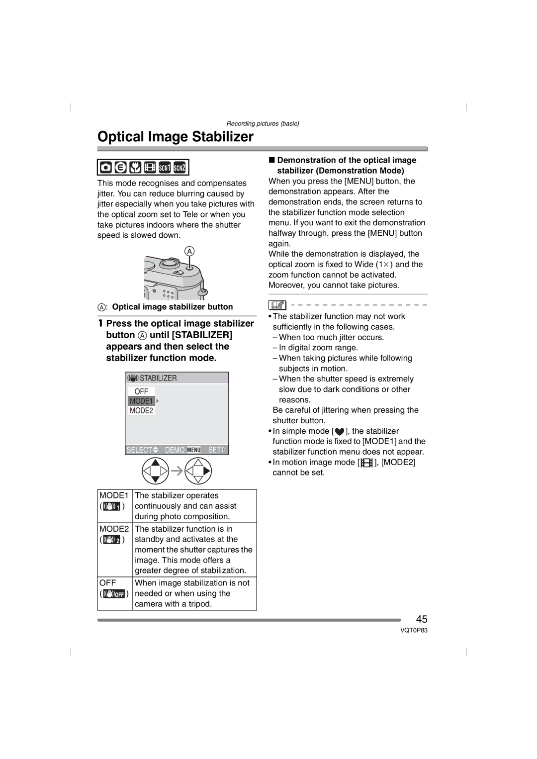 Panasonic DMC-LZ1GN, DMC-LZ2GN operating instructions Optical Image Stabilizer, Optical image stabilizer button, MODE2, Off 