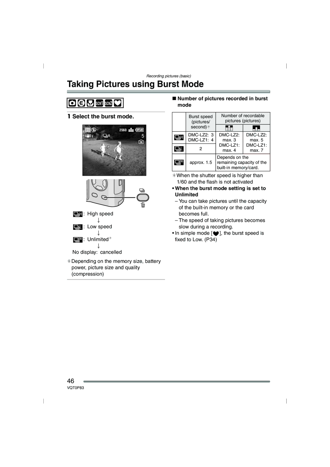 Panasonic DMC-LZ2GN Taking Pictures using Burst Mode, Select the burst mode, Number of pictures recorded in burst mode 