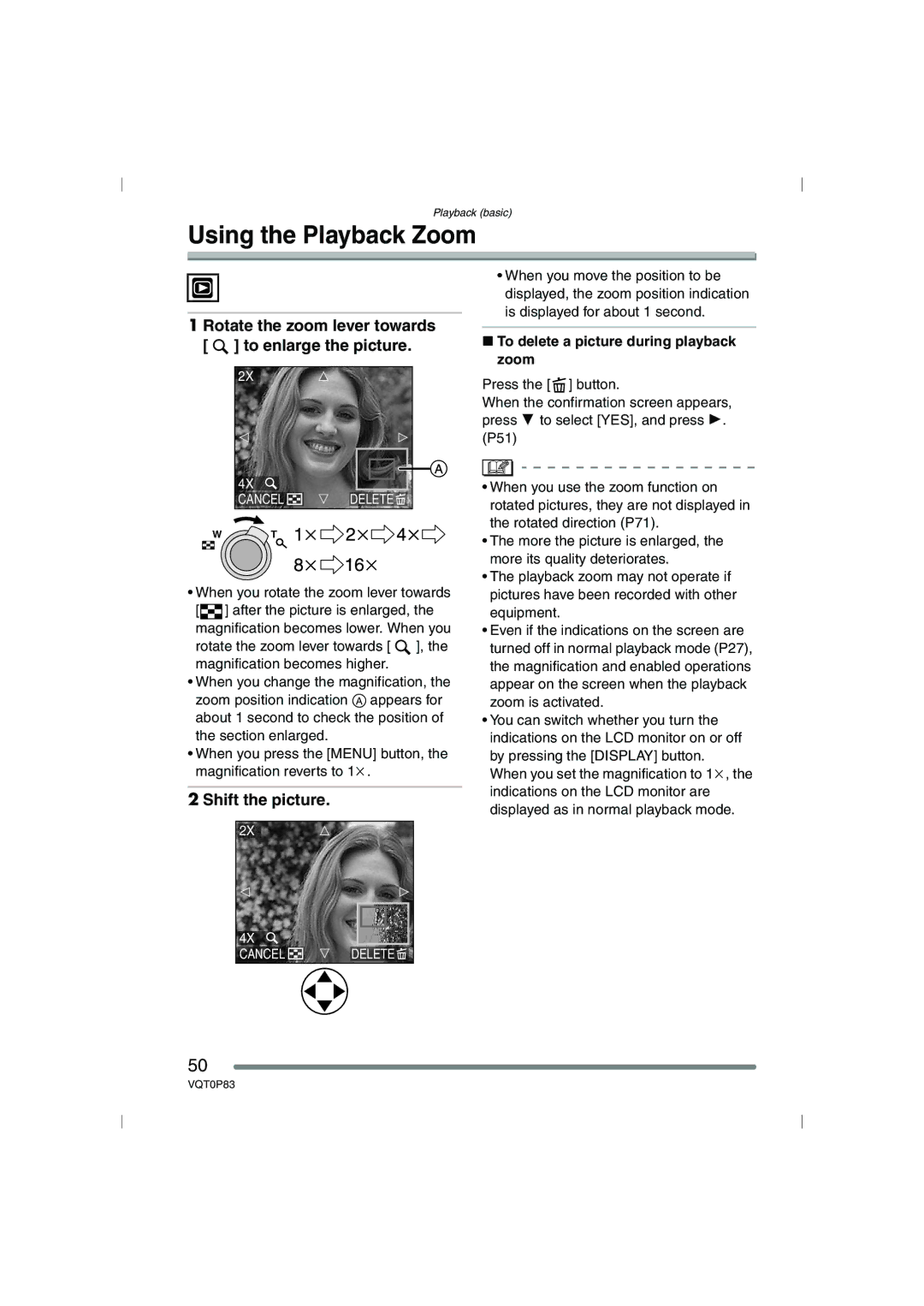 Panasonic DMC-LZ2GN Using the Playback Zoom, Rotate the zoom lever towards To enlarge the picture, Shift the picture 