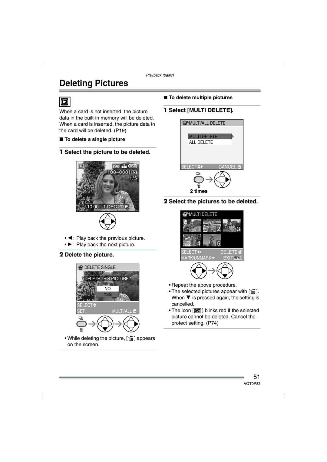 Panasonic DMC-LZ1GN Deleting Pictures, Select the picture to be deleted, Delete the picture, Select Multi Delete 