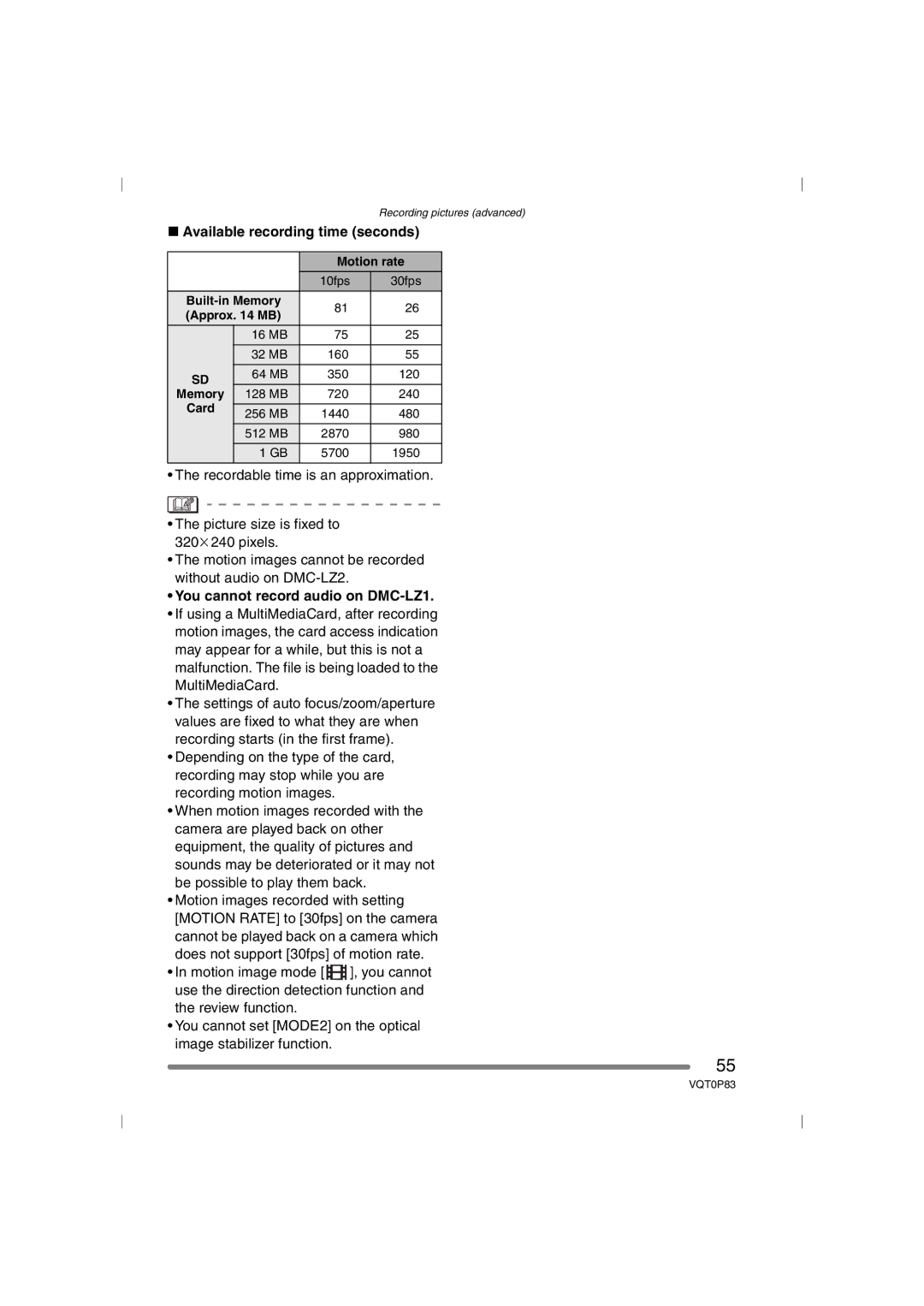 Panasonic DMC-LZ1GN, DMC-LZ2GN operating instructions Available recording time seconds, You cannot record audio on DMC-LZ1 