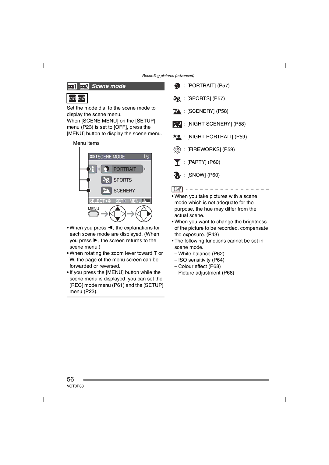 Panasonic DMC-LZ2GN, DMC-LZ1GN operating instructions Scene mode, Night Scenery P58 Night Portrait P59 