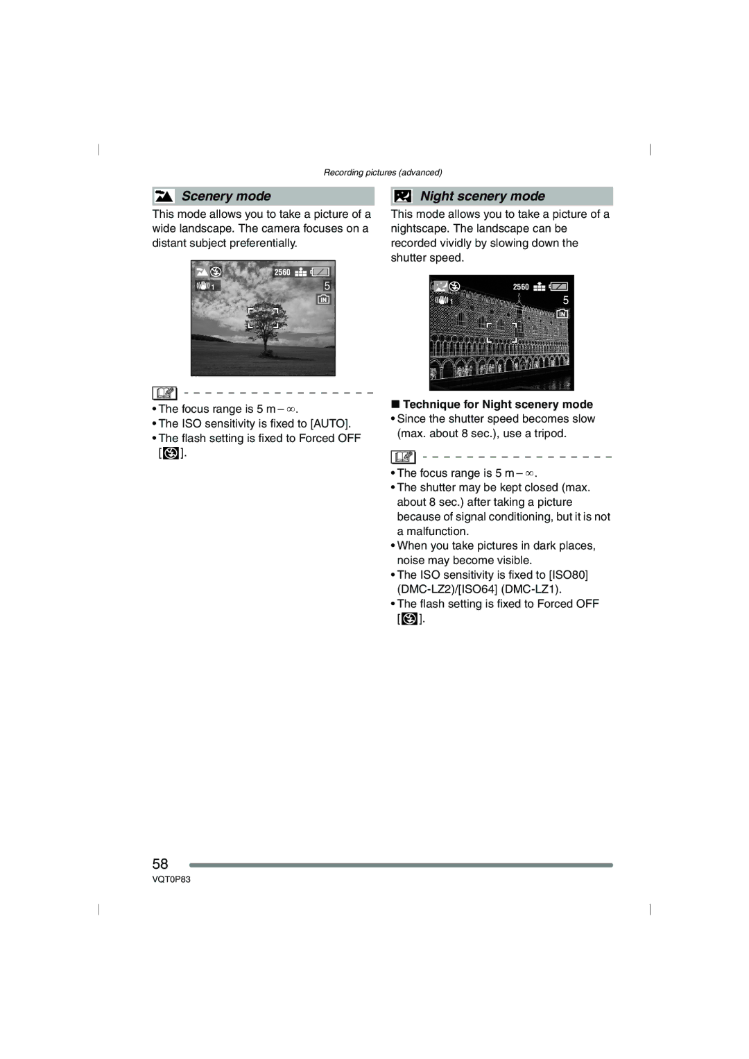 Panasonic DMC-LZ2GN, DMC-LZ1GN operating instructions Scenery mode, Technique for Night scenery mode 