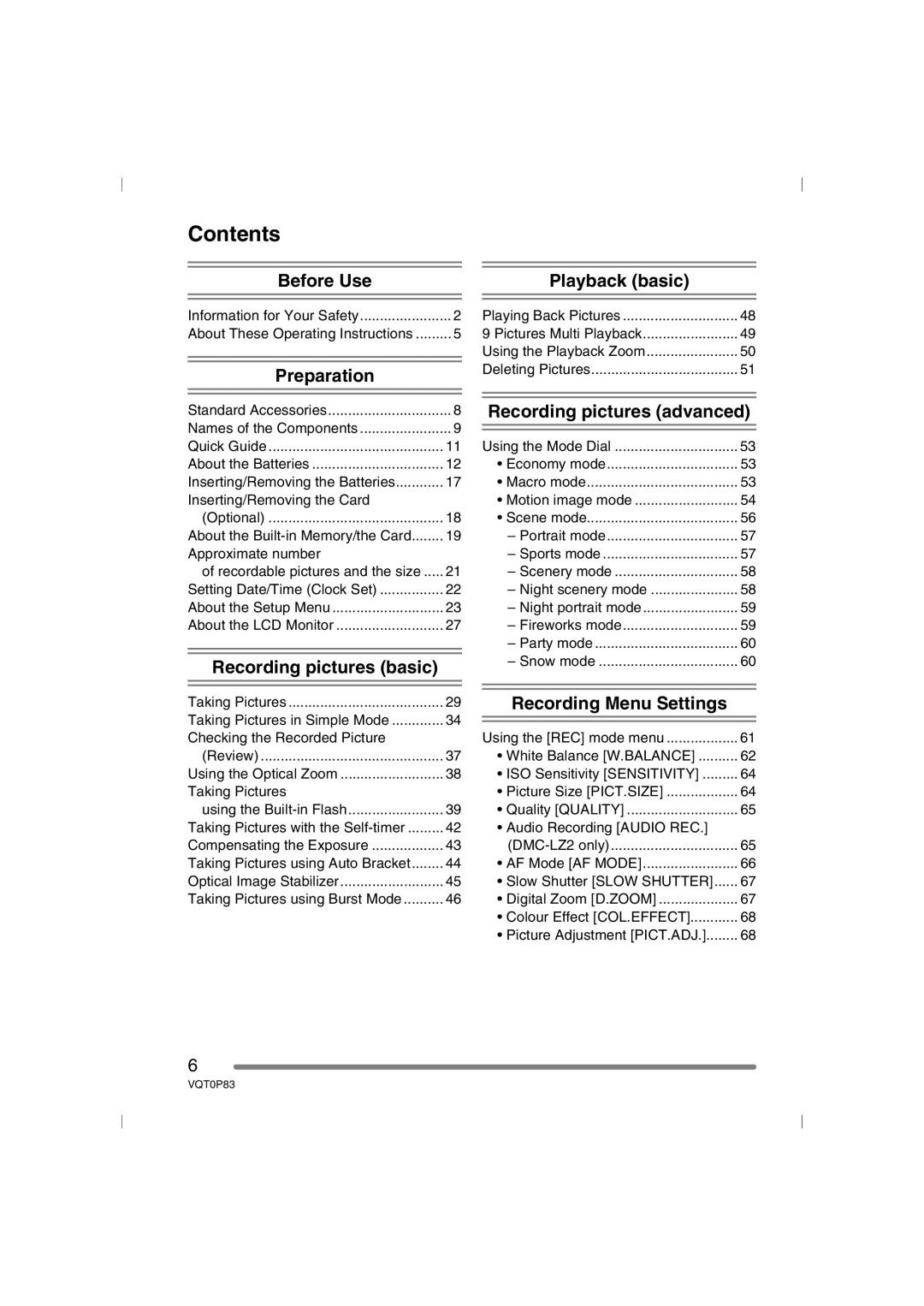 Panasonic DMC-LZ2GN, DMC-LZ1GN operating instructions Contents 