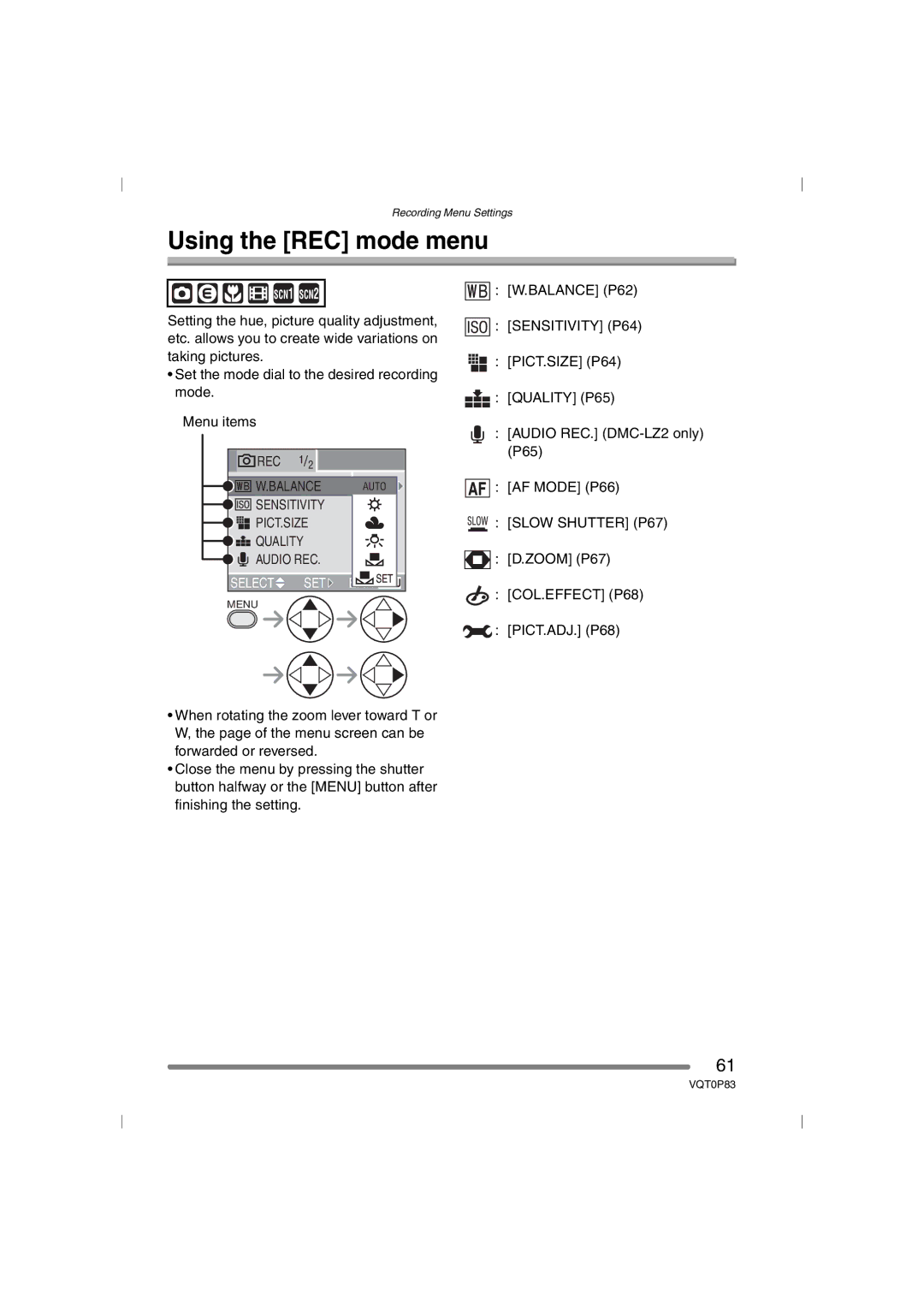 Panasonic DMC-LZ1GN, DMC-LZ2GN operating instructions Using the REC mode menu 