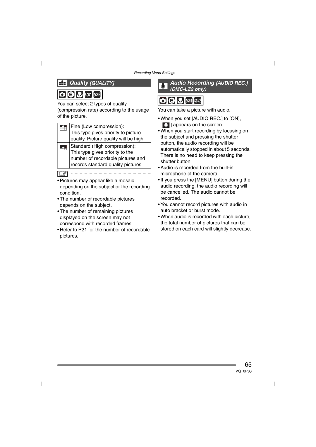 Panasonic DMC-LZ1GN, DMC-LZ2GN operating instructions Audio Recording Audio REC, Quality Quality 