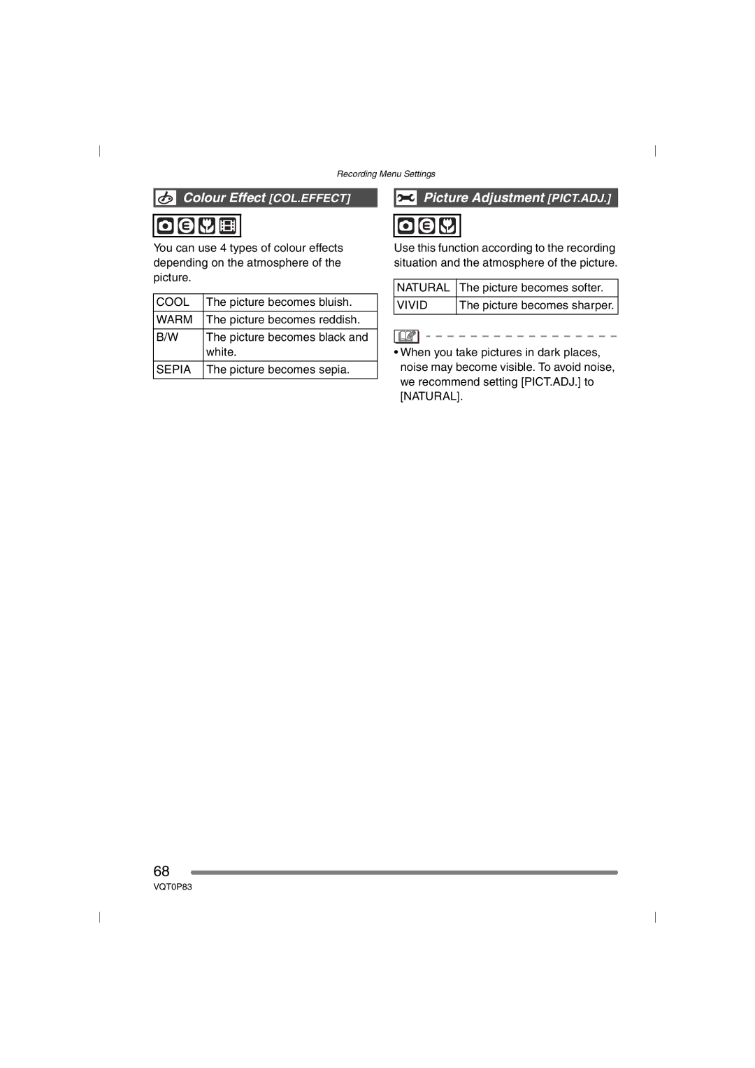 Panasonic DMC-LZ2GN, DMC-LZ1GN operating instructions Colour Effect COL.EFFECT Picture Adjustment PICT.ADJ 