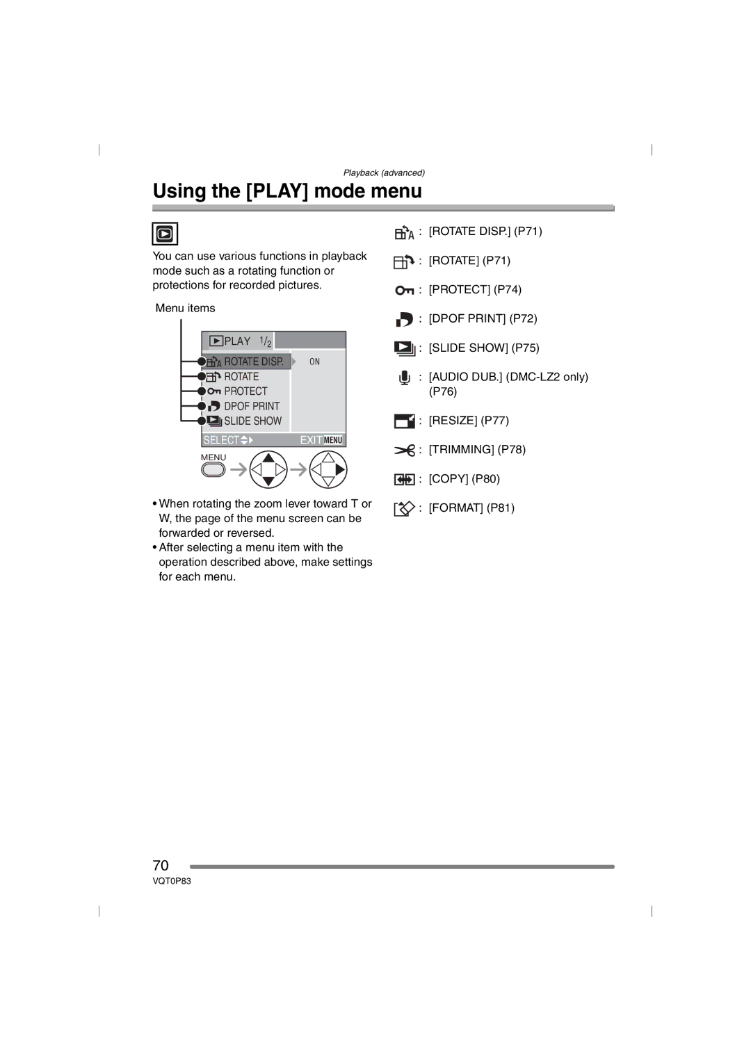 Panasonic DMC-LZ2GN, DMC-LZ1GN operating instructions Using the Play mode menu 