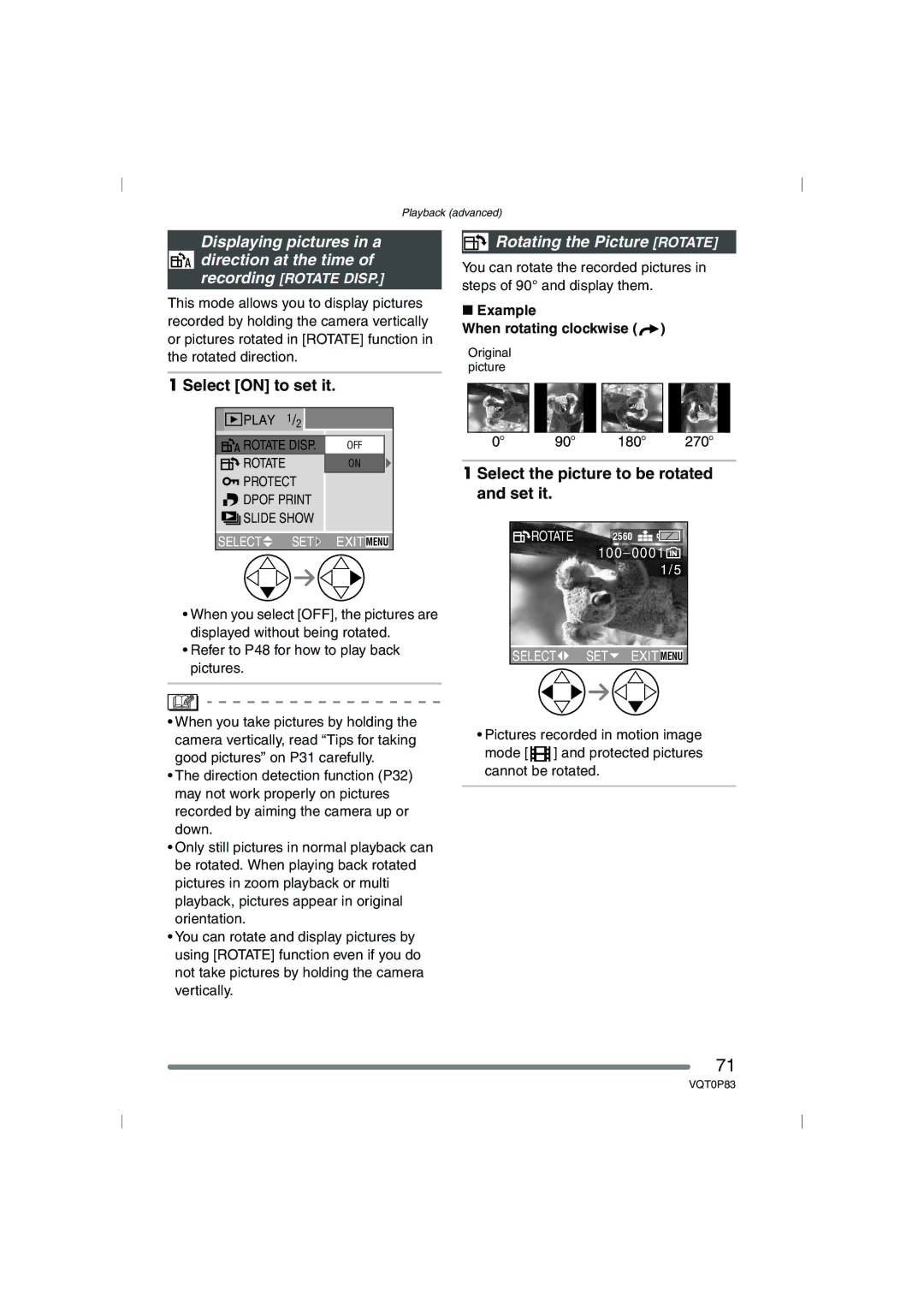 Panasonic DMC-LZ1GN Select on to set it, Rotating the Picture Rotate, Select the picture to be rotated and set it 