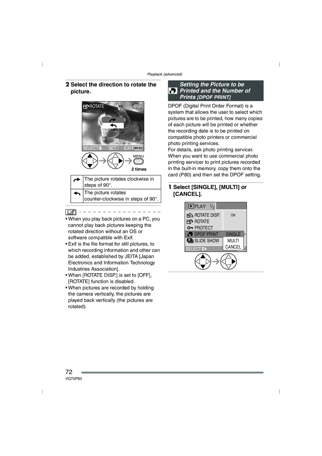 Panasonic DMC-LZ2GN Select the direction to rotate the picture, Setting the Picture to be Printed and the Number 