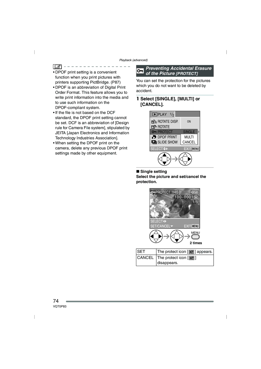 Panasonic DMC-LZ2GN, DMC-LZ1GN operating instructions Preventing Accidental Erasure of the Picture Protect, Set, Cancel 