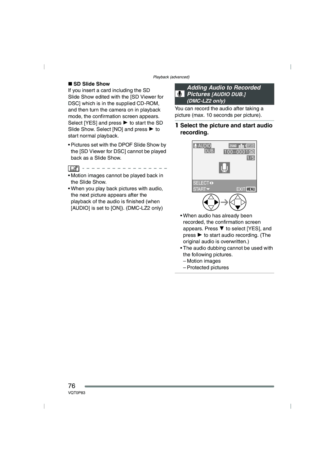 Panasonic DMC-LZ2GN, DMC-LZ1GN operating instructions Select the picture and start audio recording, SD Slide Show 