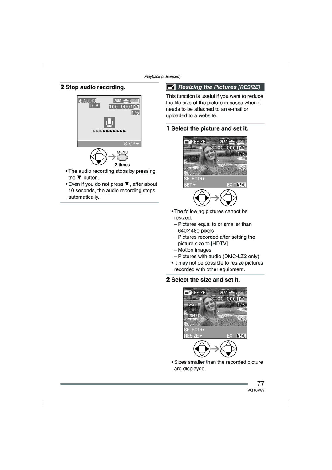 Panasonic DMC-LZ1GN, DMC-LZ2GN Stop audio recording, Resizing the Pictures Resize, Select the picture and set it 