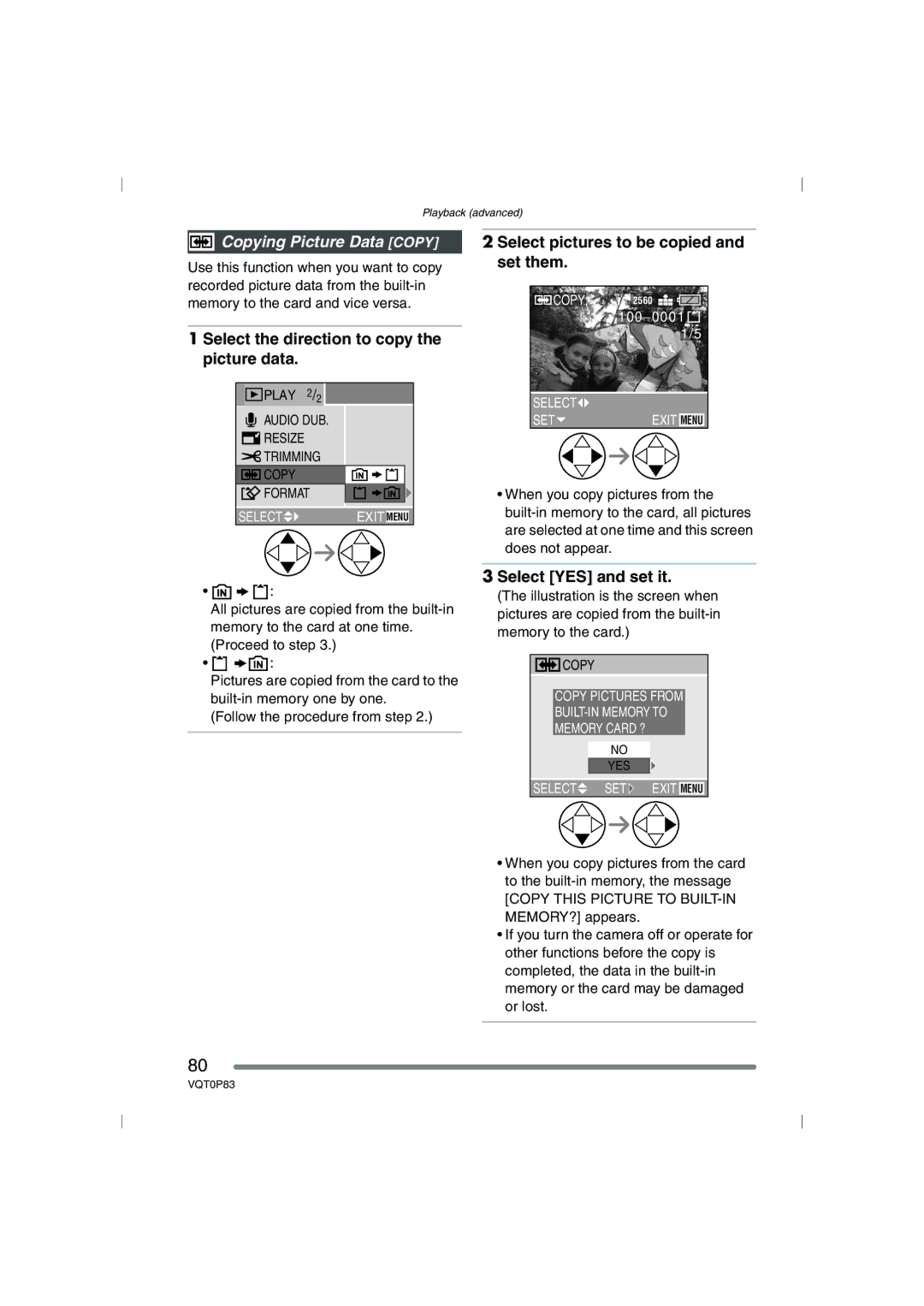 Panasonic DMC-LZ2GN Copying Picture Data Copy, Select the direction to copy the picture data, Select YES and set it 