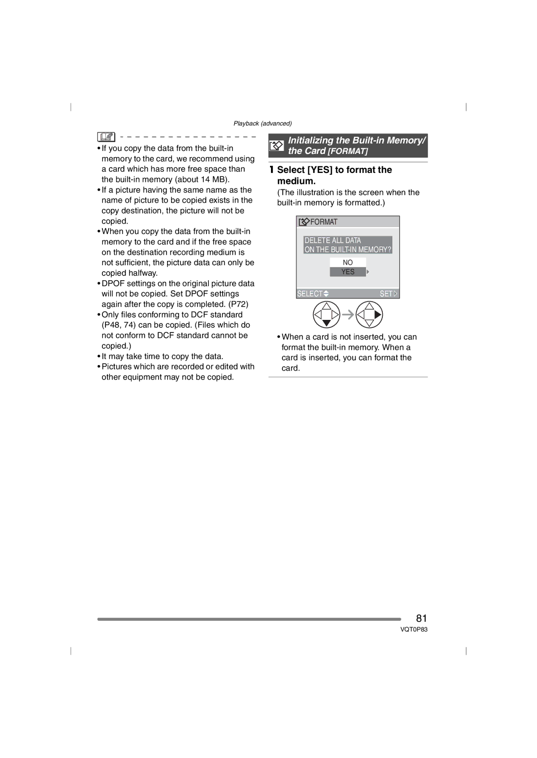 Panasonic DMC-LZ1GN, DMC-LZ2GN Initializing the Built-in Memory Card Format, Select YES to format the medium 