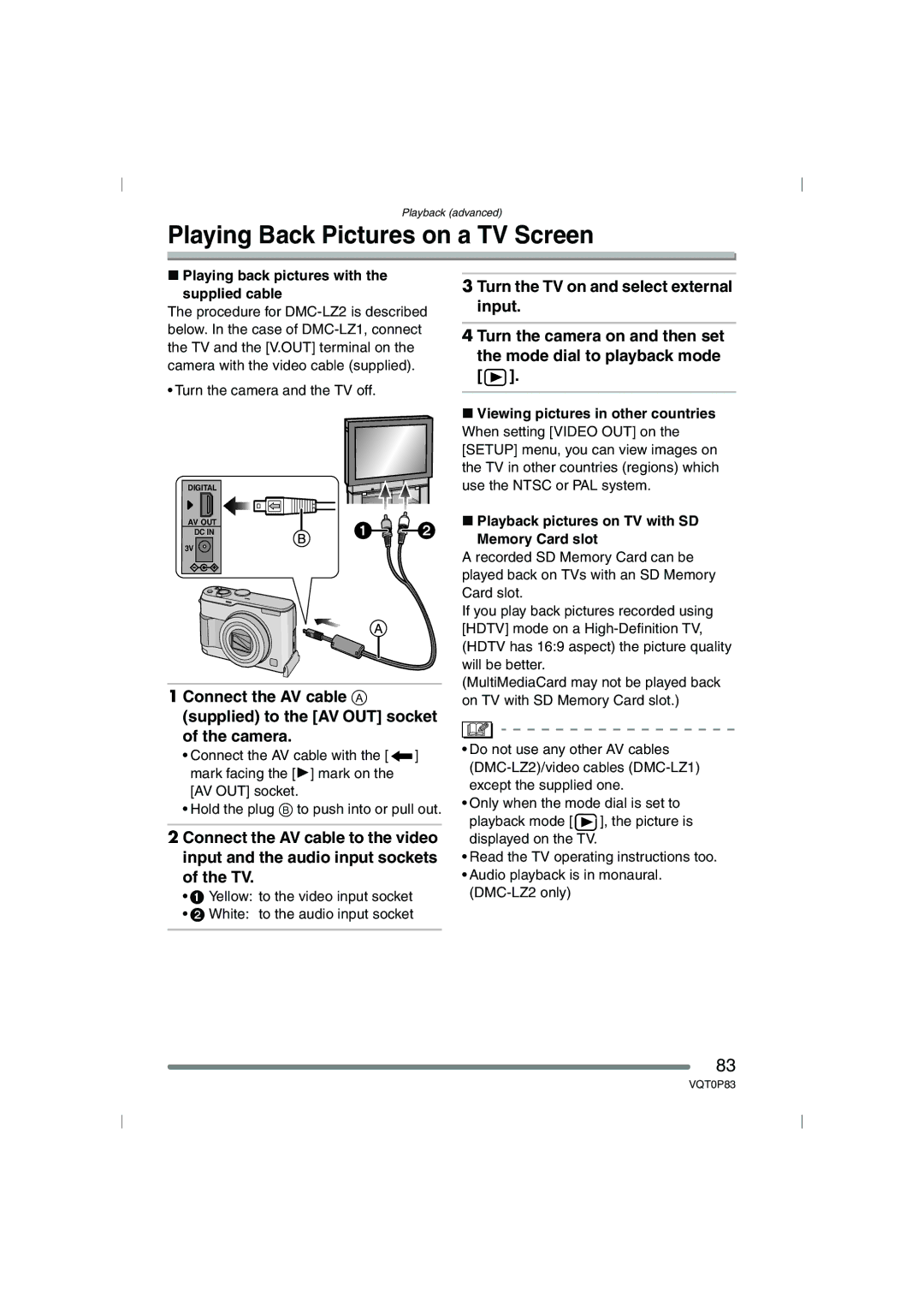 Panasonic DMC-LZ1GN, DMC-LZ2GN Playing Back Pictures on a TV Screen, Playing back pictures with Supplied cable 