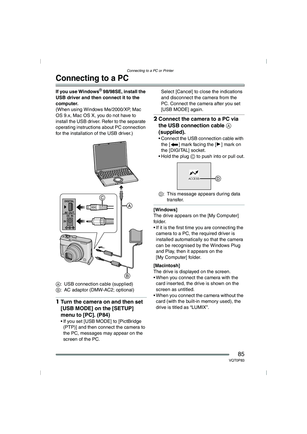 Panasonic DMC-LZ1GN, DMC-LZ2GN operating instructions Connecting to a PC, Windows, Macintosh 