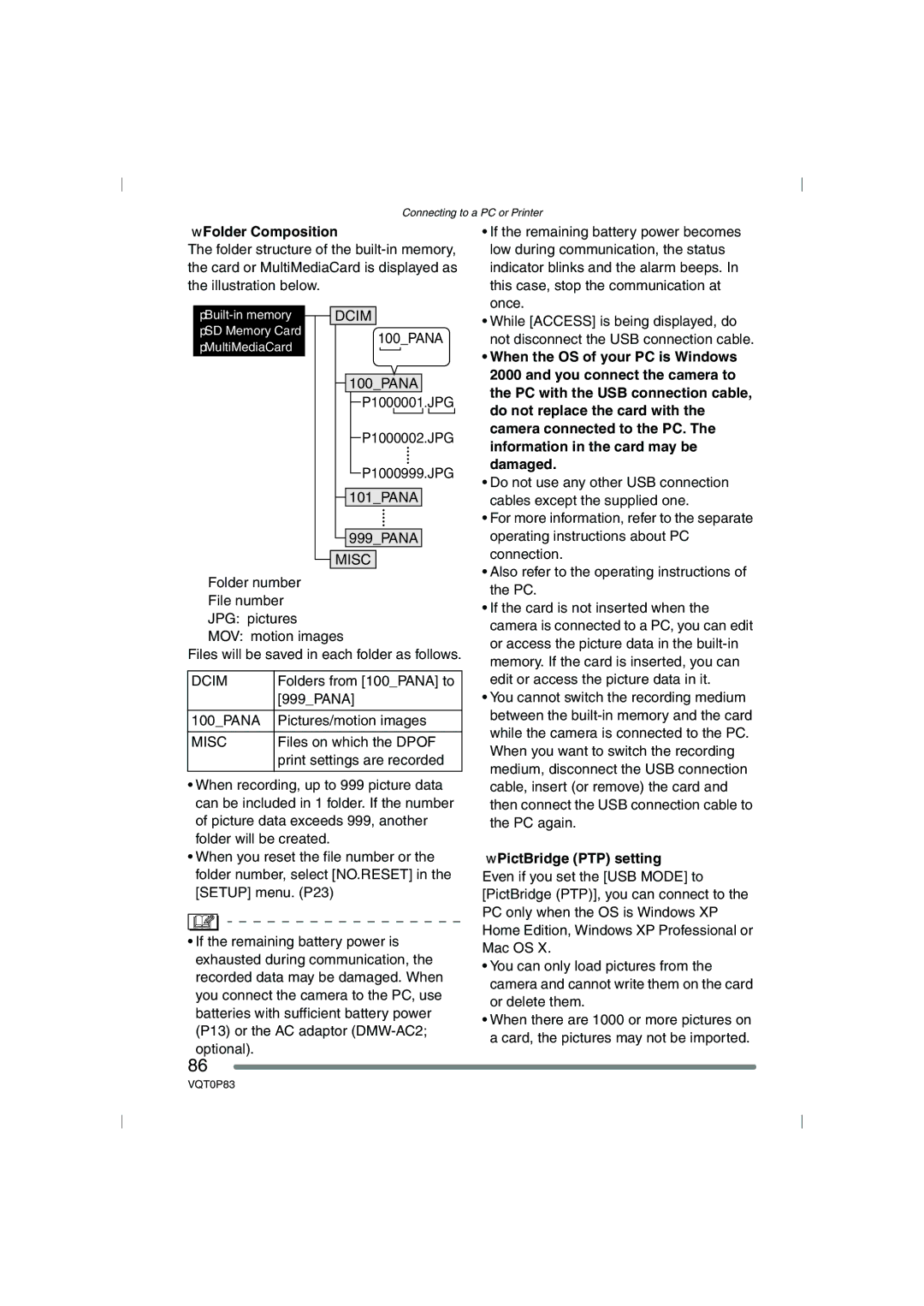 Panasonic DMC-LZ2GN, DMC-LZ1GN operating instructions Folder Composition, Dcim, Misc, PictBridge PTP setting 