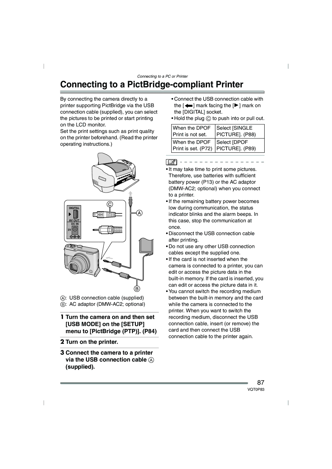 Panasonic DMC-LZ1GN, DMC-LZ2GN Connecting to a PictBridge-compliant Printer, PICTURE. P88, PICTURE. P89 