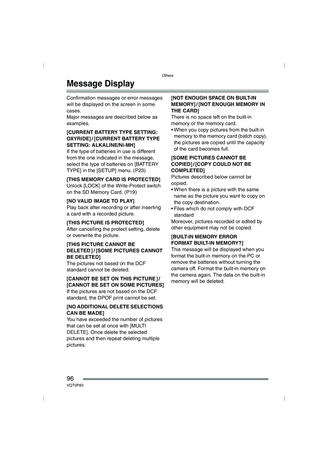 Panasonic DMC-LZ2GN, DMC-LZ1GN operating instructions Message Display, No Additional Delete Selections can be Made 