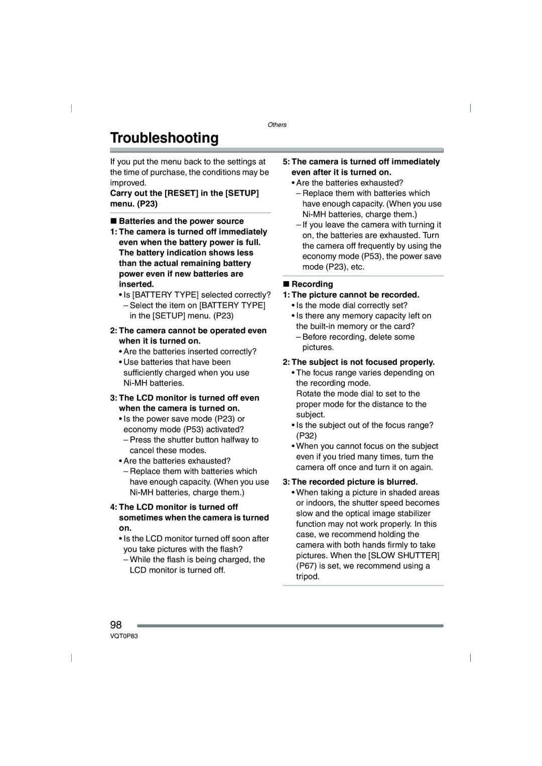 Panasonic DMC-LZ2GN Troubleshooting, Camera cannot be operated even when it is turned on, Subject is not focused properly 