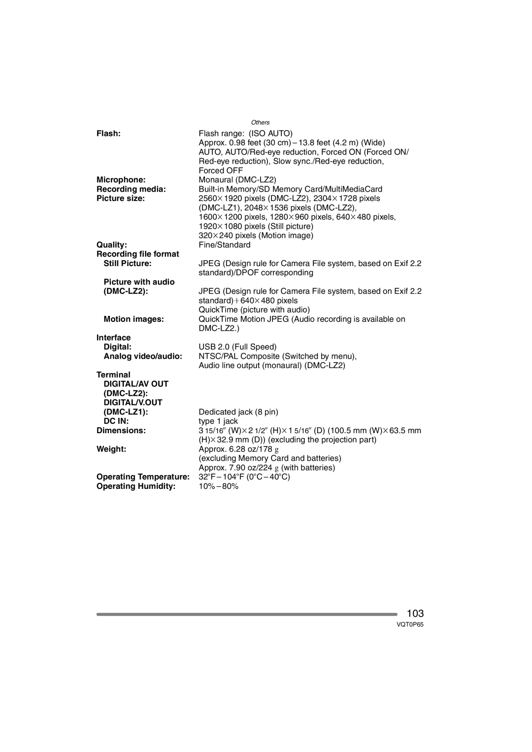 Panasonic DMC-LZ1PP Flash, Microphone, Recording media, Picture size, Quality, Recording file format Still Picture, Weight 