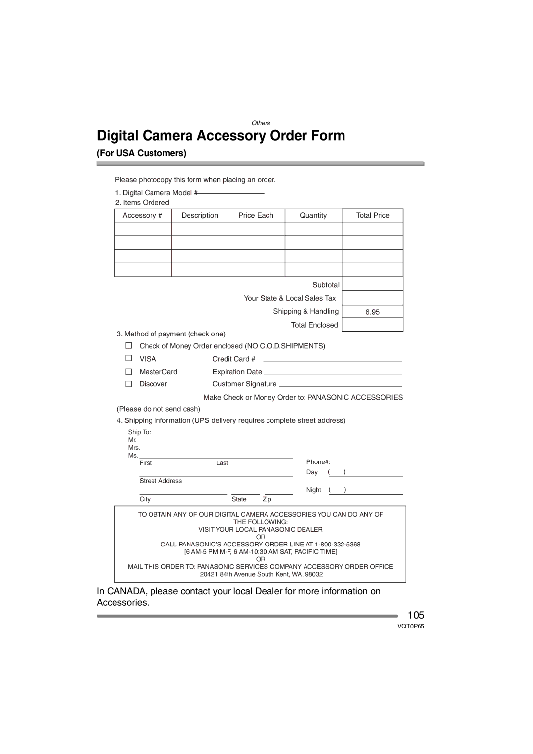 Panasonic DMC-LZ1PP, DMC-LZ2PP operating instructions Digital Camera Accessory Order Form, For USA Customers 