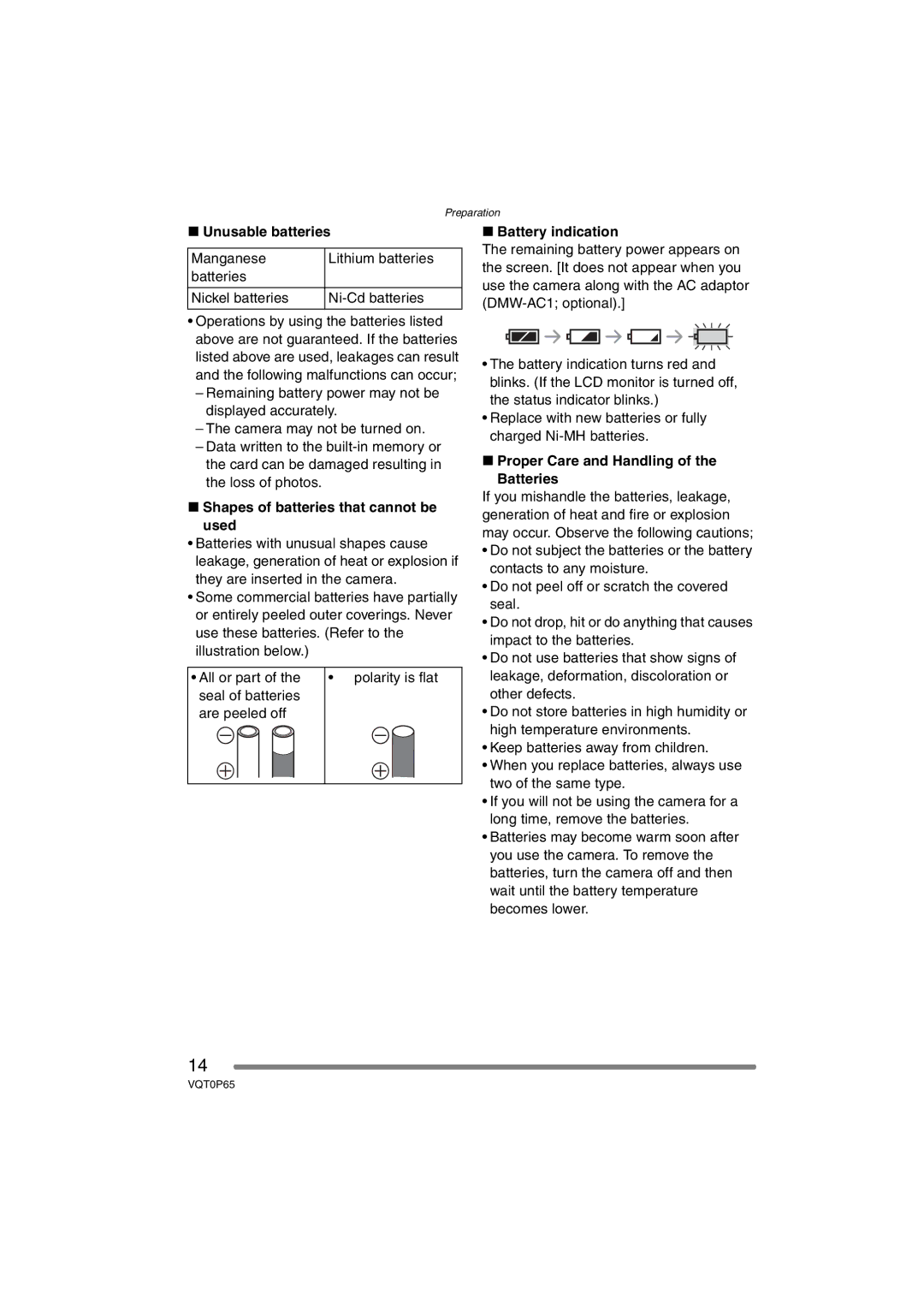 Panasonic DMC-LZ2PP, DMC-LZ1PP Unusable batteries, Shapes of batteries that cannot be used, Battery indication 