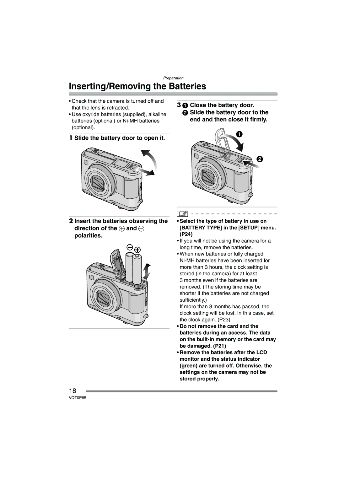 Panasonic DMC-LZ2PP, DMC-LZ1PP operating instructions Inserting/Removing the Batteries 