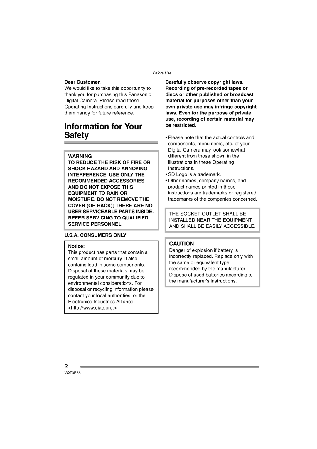 Panasonic DMC-LZ2PP, DMC-LZ1PP operating instructions Information for Your Safety, Dear Customer 