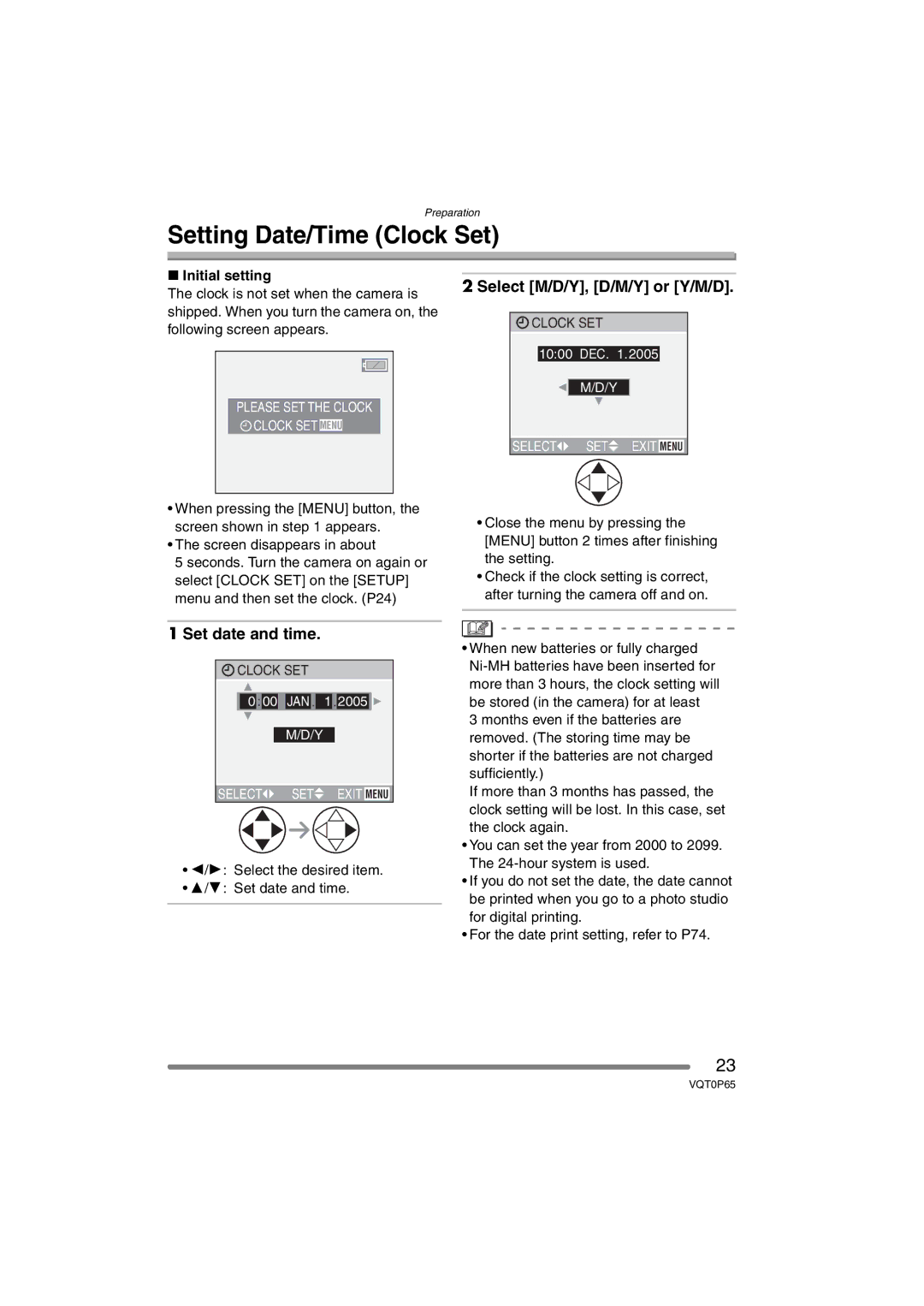 Panasonic DMC-LZ1PP Setting Date/Time Clock Set, Select M/D/Y, D/M/Y or Y/M/D, Set date and time, Initial setting 