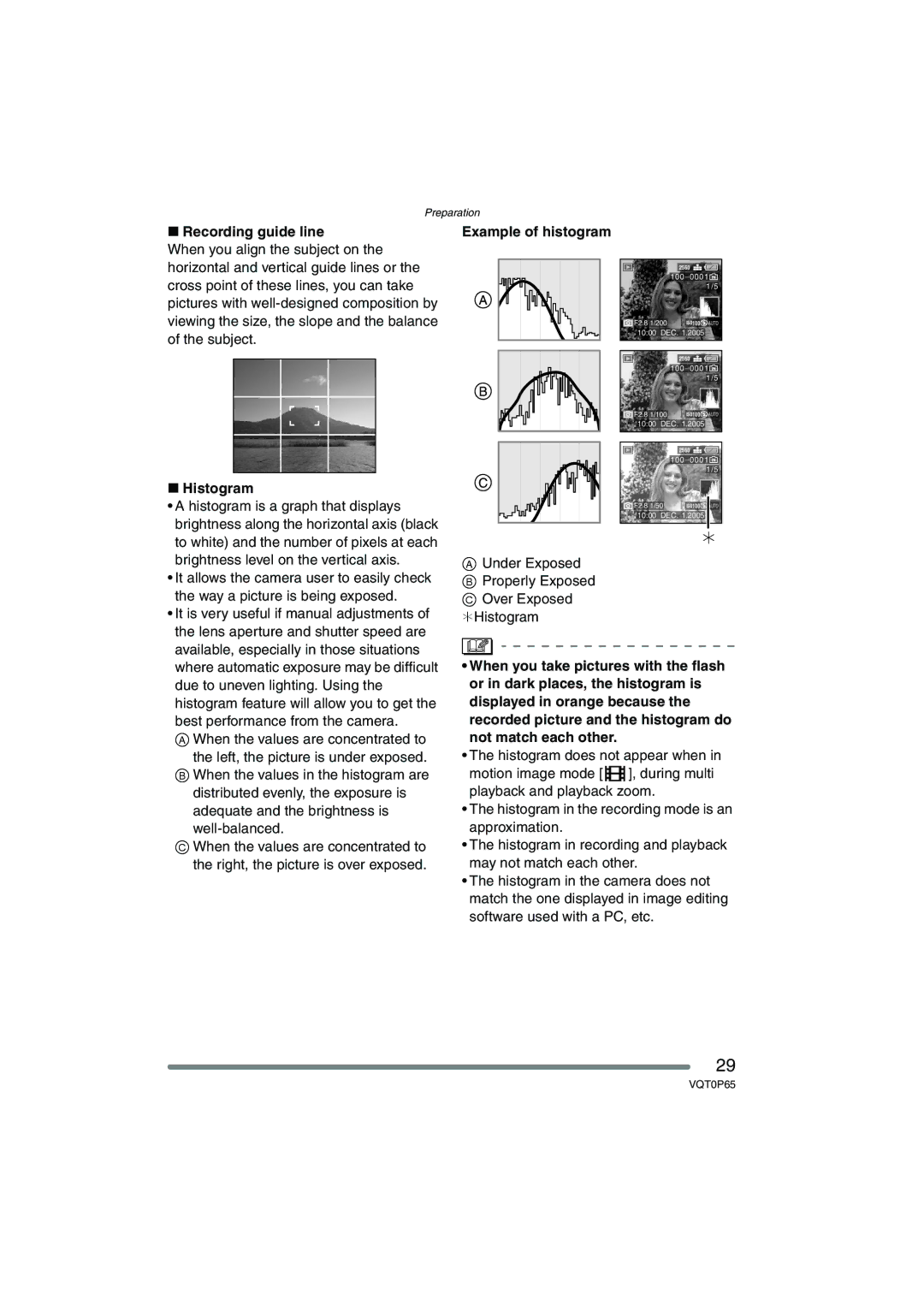 Panasonic DMC-LZ1PP, DMC-LZ2PP operating instructions Recording guide line, Histogram, Example of histogram 