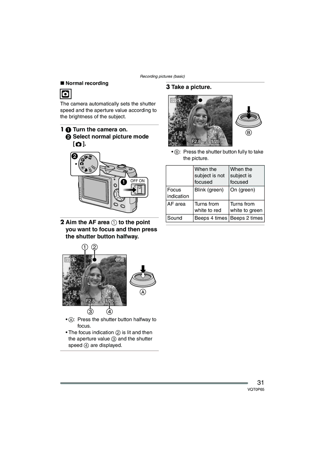 Panasonic DMC-LZ1PP, DMC-LZ2PP Take a picture, Turn the camera on Select normal picture mode, Normal recording 