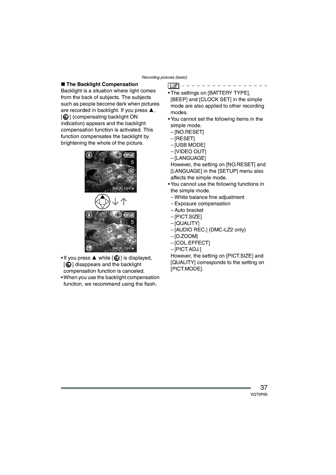 Panasonic DMC-LZ1PP, DMC-LZ2PP NO.RESET Reset USB Mode Video OUT Language, PICT.SIZE Quality, Col.Effect Pict.Adj 