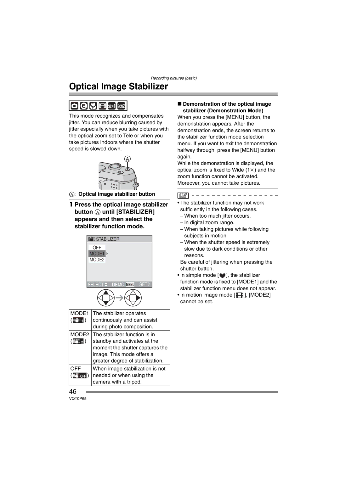 Panasonic DMC-LZ2PP, DMC-LZ1PP operating instructions Optical Image Stabilizer, Optical image stabilizer button, MODE2, Off 