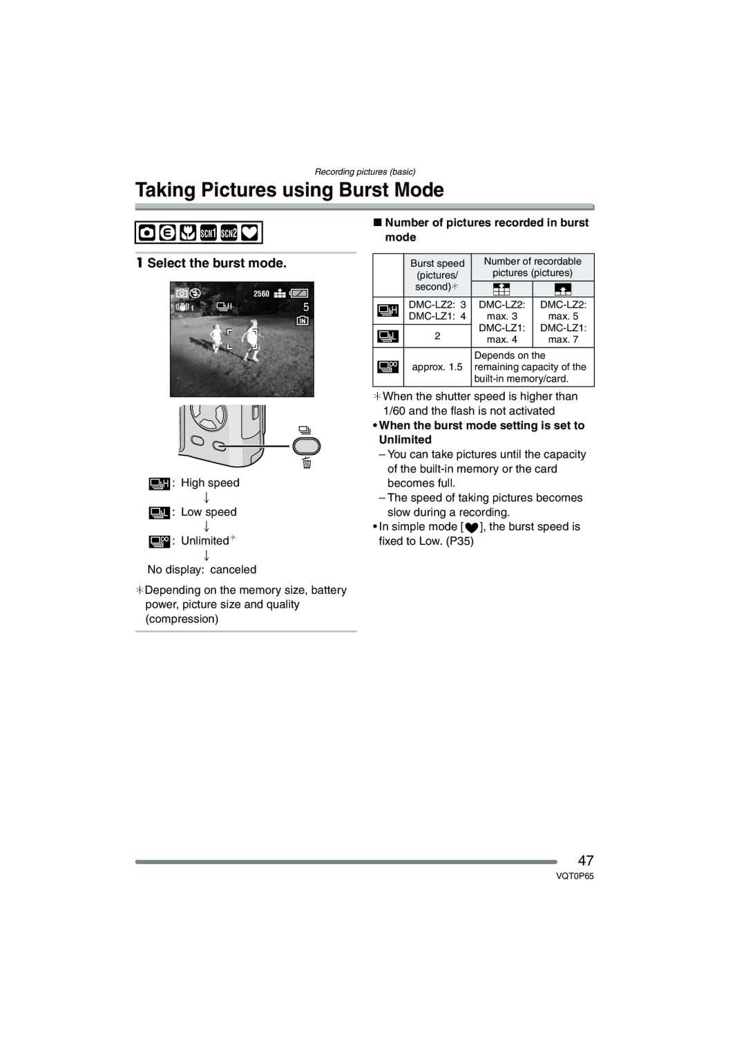 Panasonic DMC-LZ1PP Taking Pictures using Burst Mode, Select the burst mode, Number of pictures recorded in burst mode 