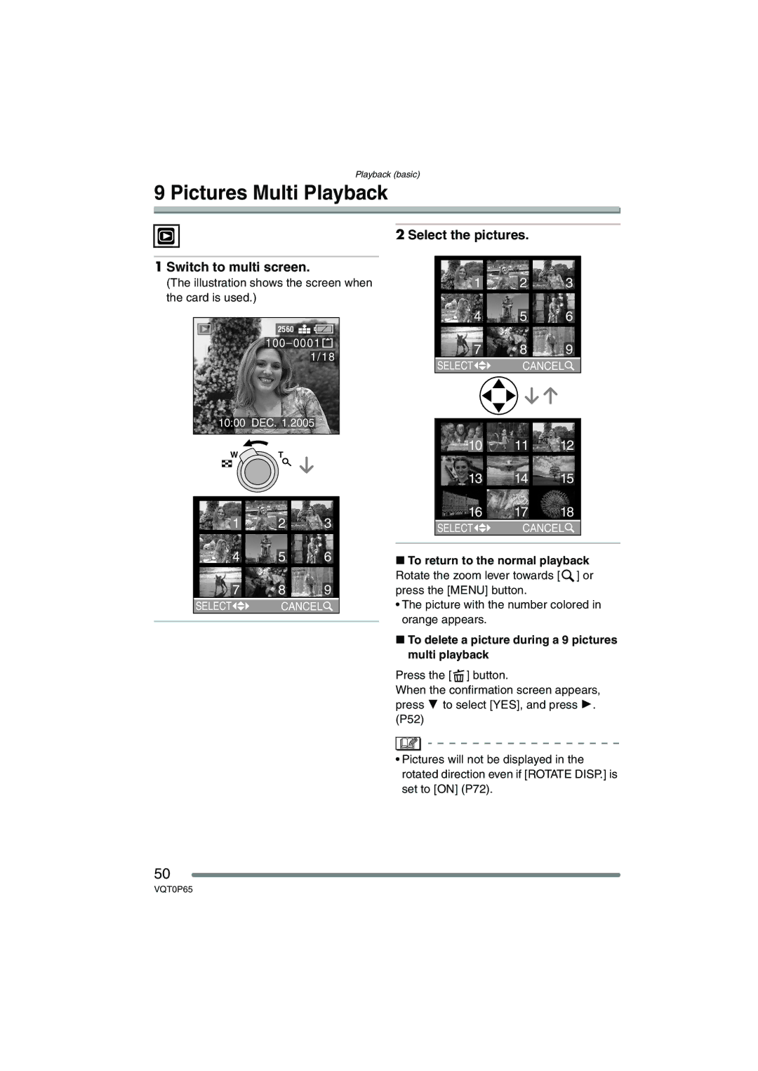 Panasonic DMC-LZ2PP Pictures Multi Playback, Switch to multi screen, Select the pictures, To return to the normal playback 