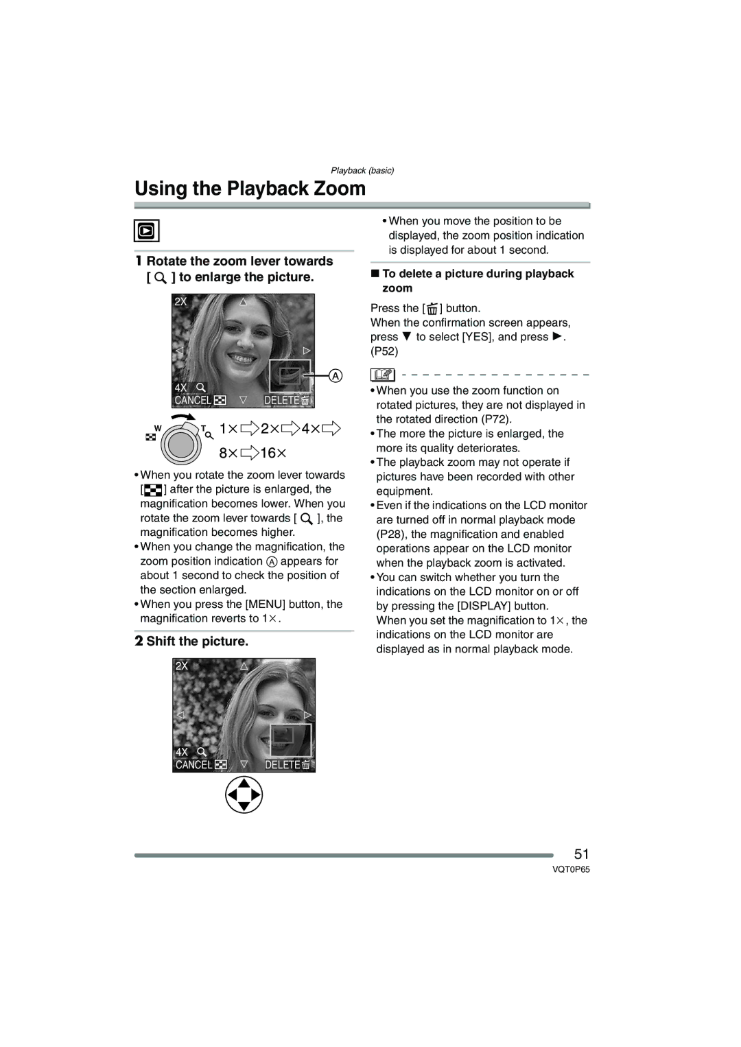 Panasonic DMC-LZ1PP Using the Playback Zoom, Rotate the zoom lever towards To enlarge the picture, Shift the picture 