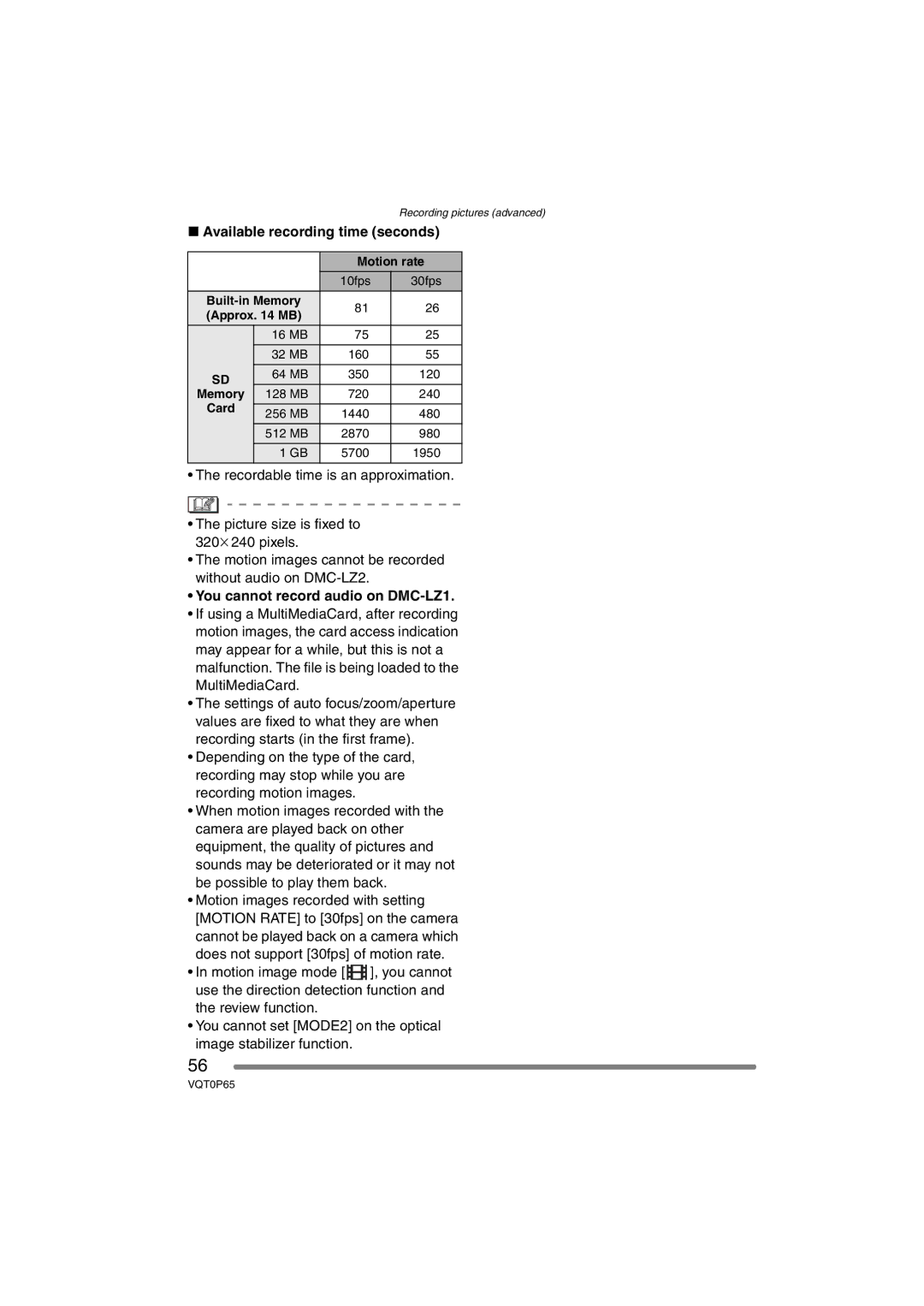 Panasonic DMC-LZ2PP, DMC-LZ1PP operating instructions Available recording time seconds, You cannot record audio on DMC-LZ1 