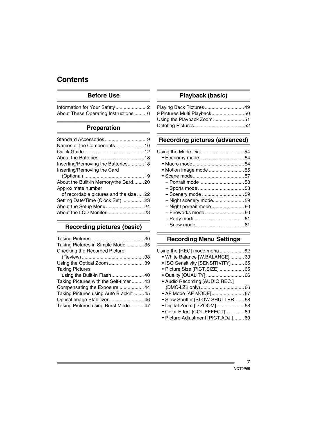 Panasonic DMC-LZ1PP, DMC-LZ2PP operating instructions Contents 