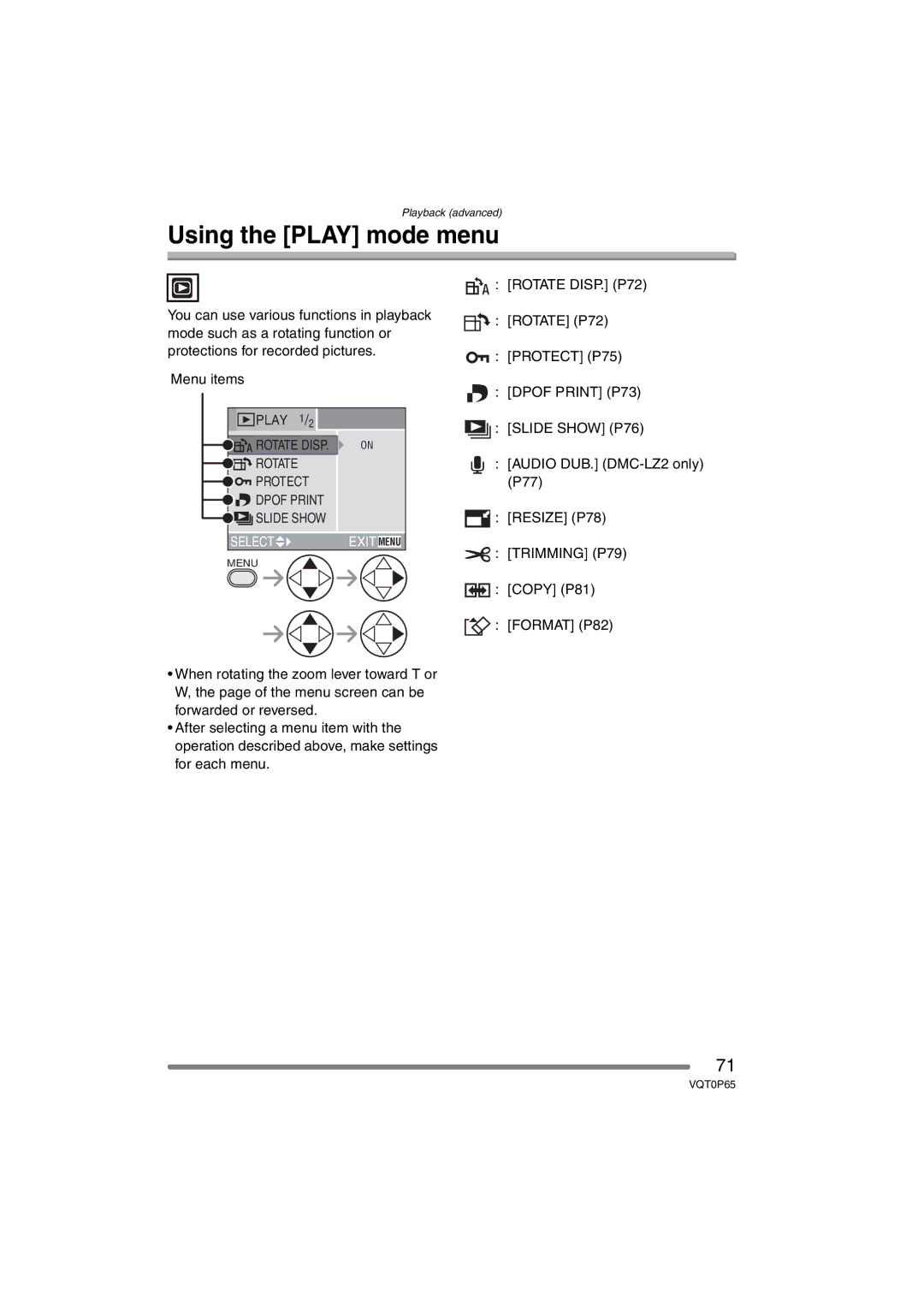 Panasonic DMC-LZ1PP, DMC-LZ2PP operating instructions Using the Play mode menu 