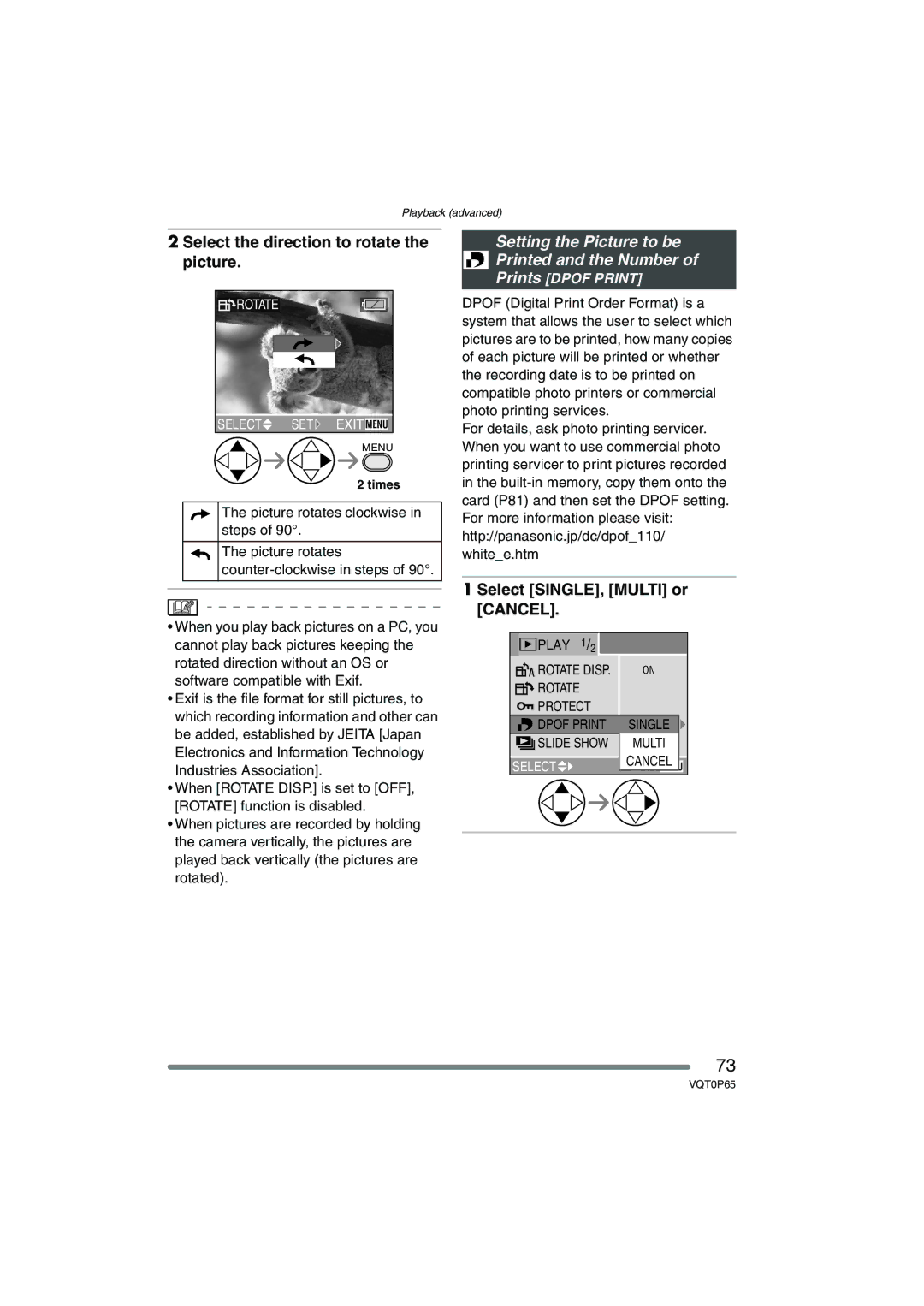 Panasonic DMC-LZ1PP Select the direction to rotate the picture, Setting the Picture to be Printed and the Number 