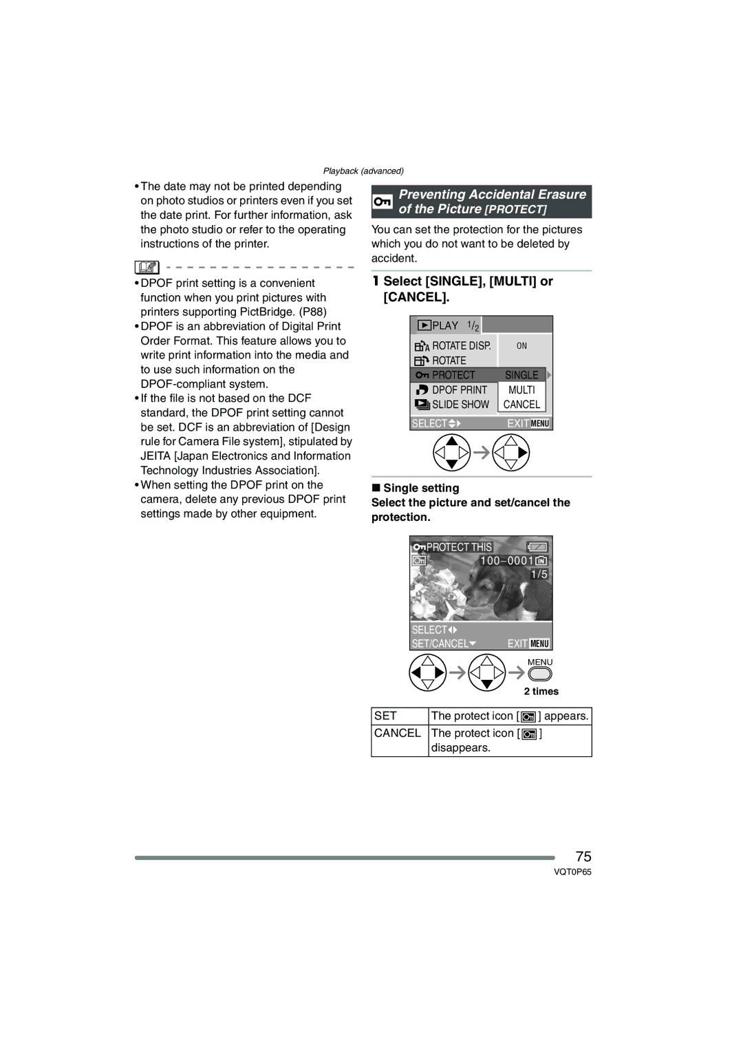 Panasonic DMC-LZ1PP, DMC-LZ2PP operating instructions Preventing Accidental Erasure of the Picture Protect, Set, Cancel 