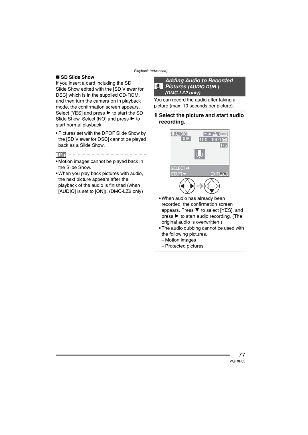 Panasonic DMC-LZ1PP, DMC-LZ2PP operating instructions Select the picture and start audio recording, SD Slide Show 