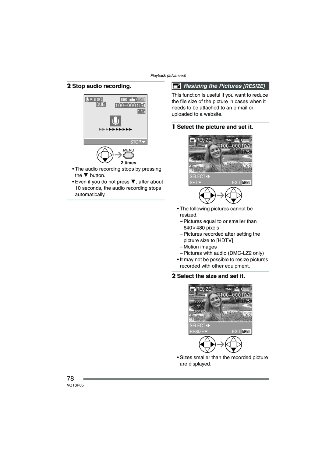 Panasonic DMC-LZ2PP, DMC-LZ1PP Stop audio recording, Resizing the Pictures Resize, Select the picture and set it 