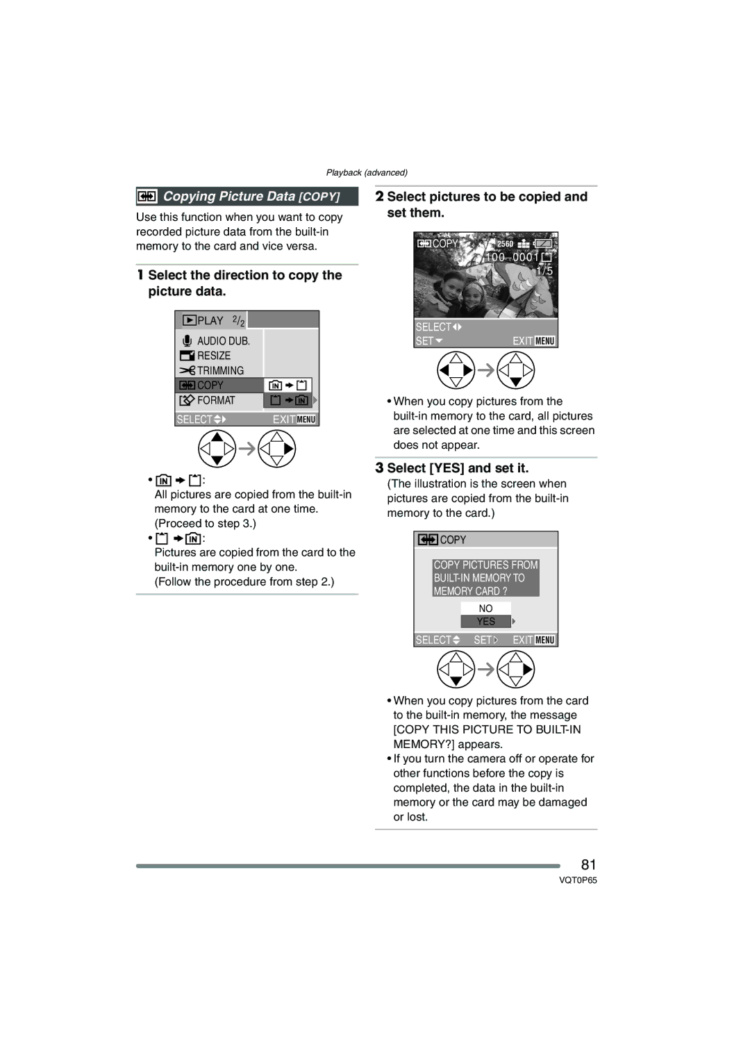 Panasonic DMC-LZ1PP Copying Picture Data Copy, Select the direction to copy the picture data, Select YES and set it 