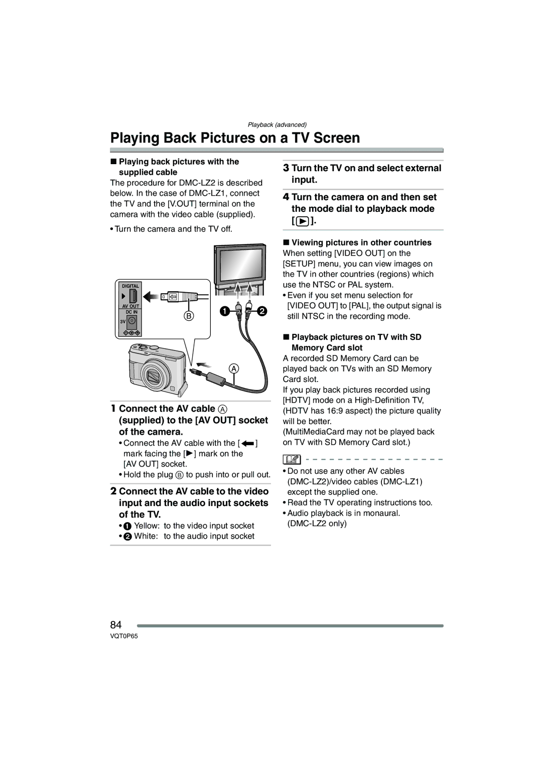 Panasonic DMC-LZ2PP, DMC-LZ1PP Playing Back Pictures on a TV Screen, Playing back pictures with Supplied cable 